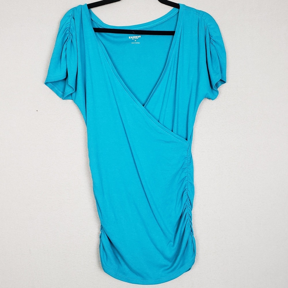 Y2K Express Crossover Sexy Basic Tee Shirt Aqua Blue Ruched V-Neck Fitted Size M